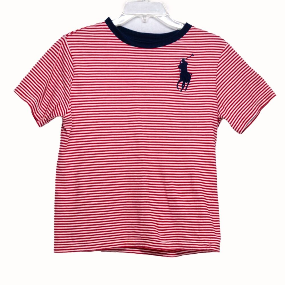 POLO RALPH LAUREN Boys Medium 10 12 Red White Striped T-Shirt Blue Big Pony Logo